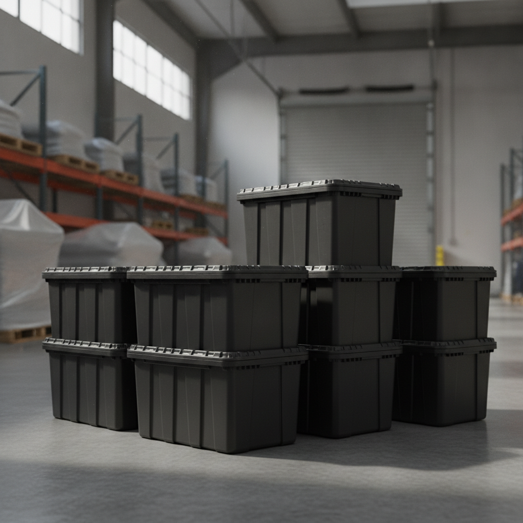 Black Plastic Moving Totes, no humans