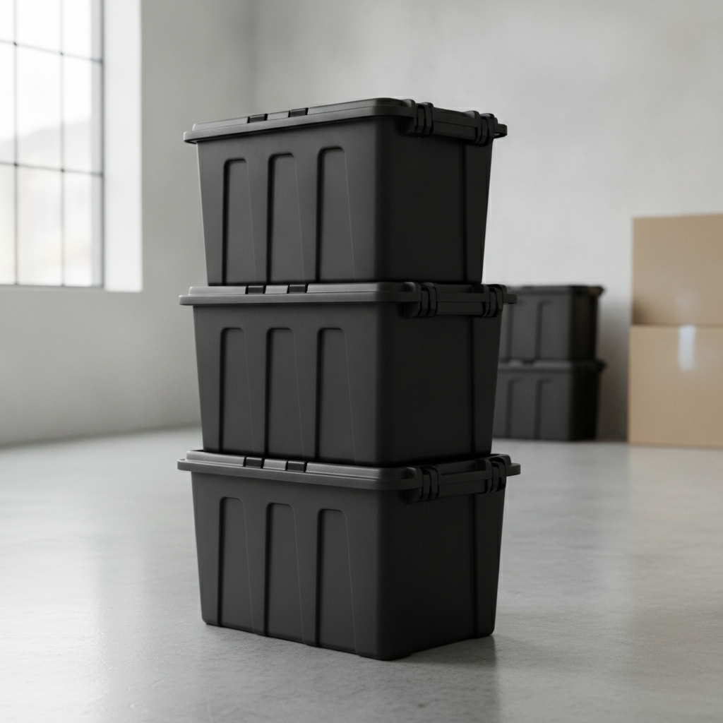 Black Plastic Moving Totes, no humans
